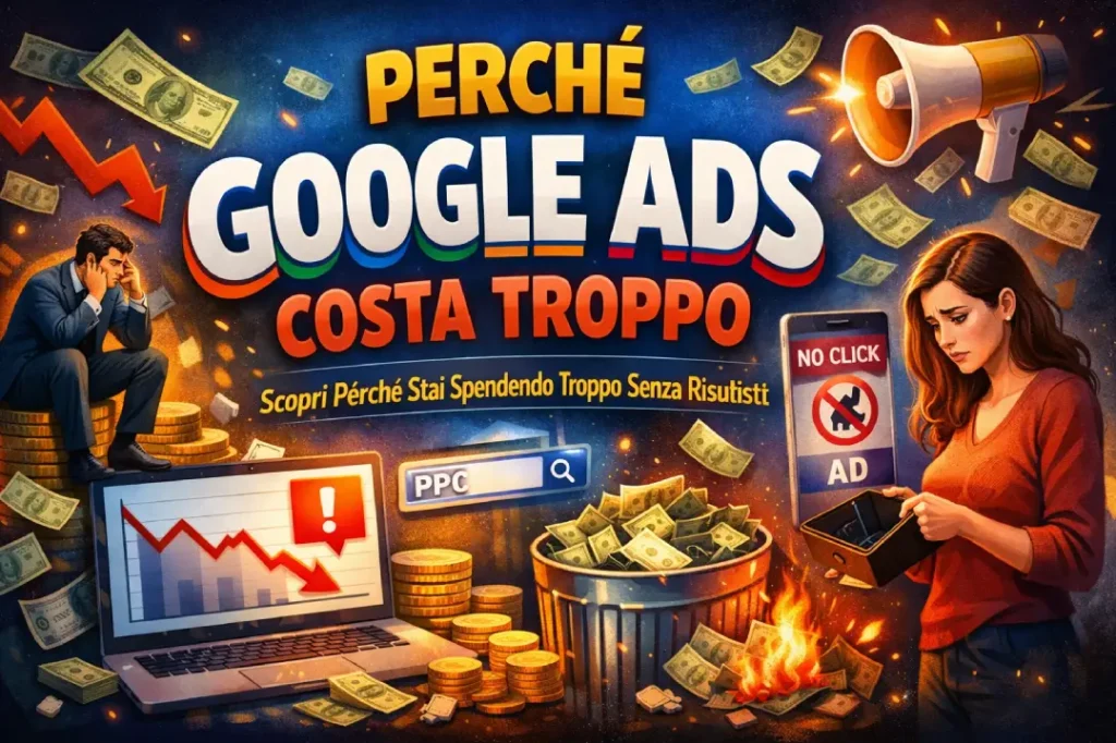 Illustrazione sul motivo per cui Google Ads può costare troppo alle aziende quando campagne e strategia non sono ottimizzate per conversioni reali.