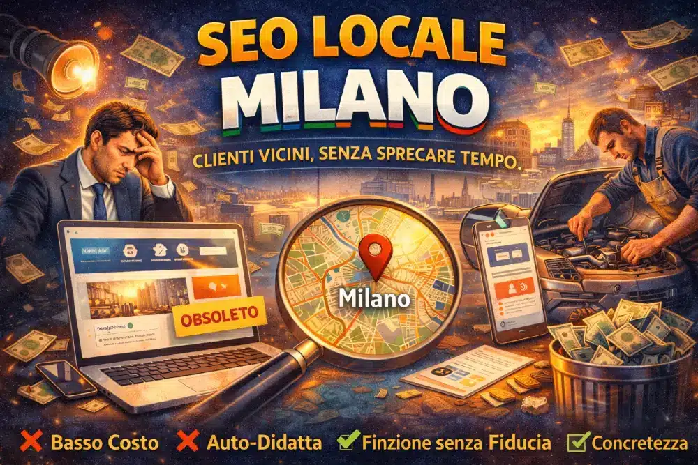 Illustrazione del servizio SEO locale a Milano per aumentare la visibilità su Google Maps e nelle ricerche locali di aziende e professionisti.